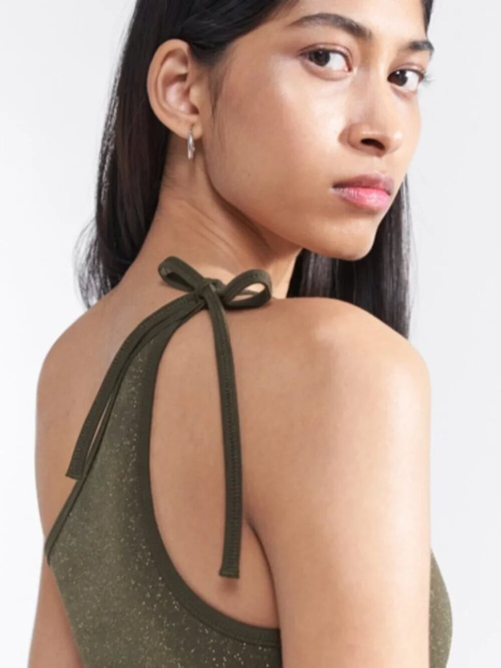 Filippa K Asymmetric Lurex One Shoulder Top Dark Forest Green M/L